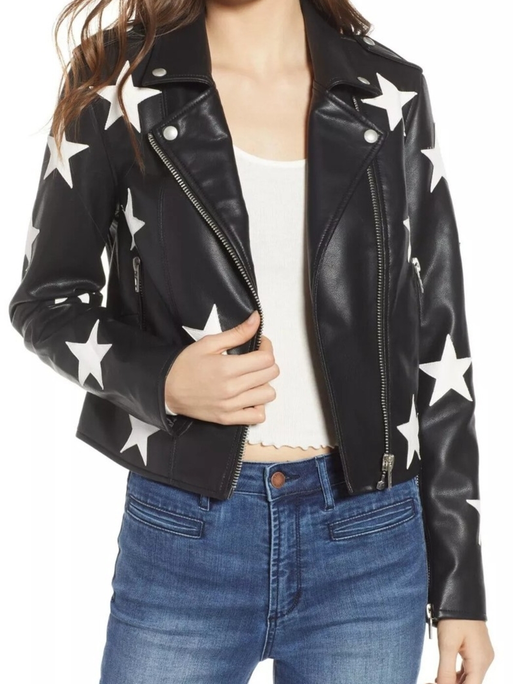 Olivaceous Black Moto Jacket with White Star Print